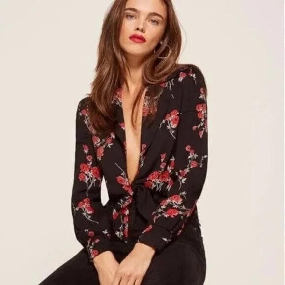 Reformation Black Floral Tie Crop Top Women Size S - Picture 2 of 12